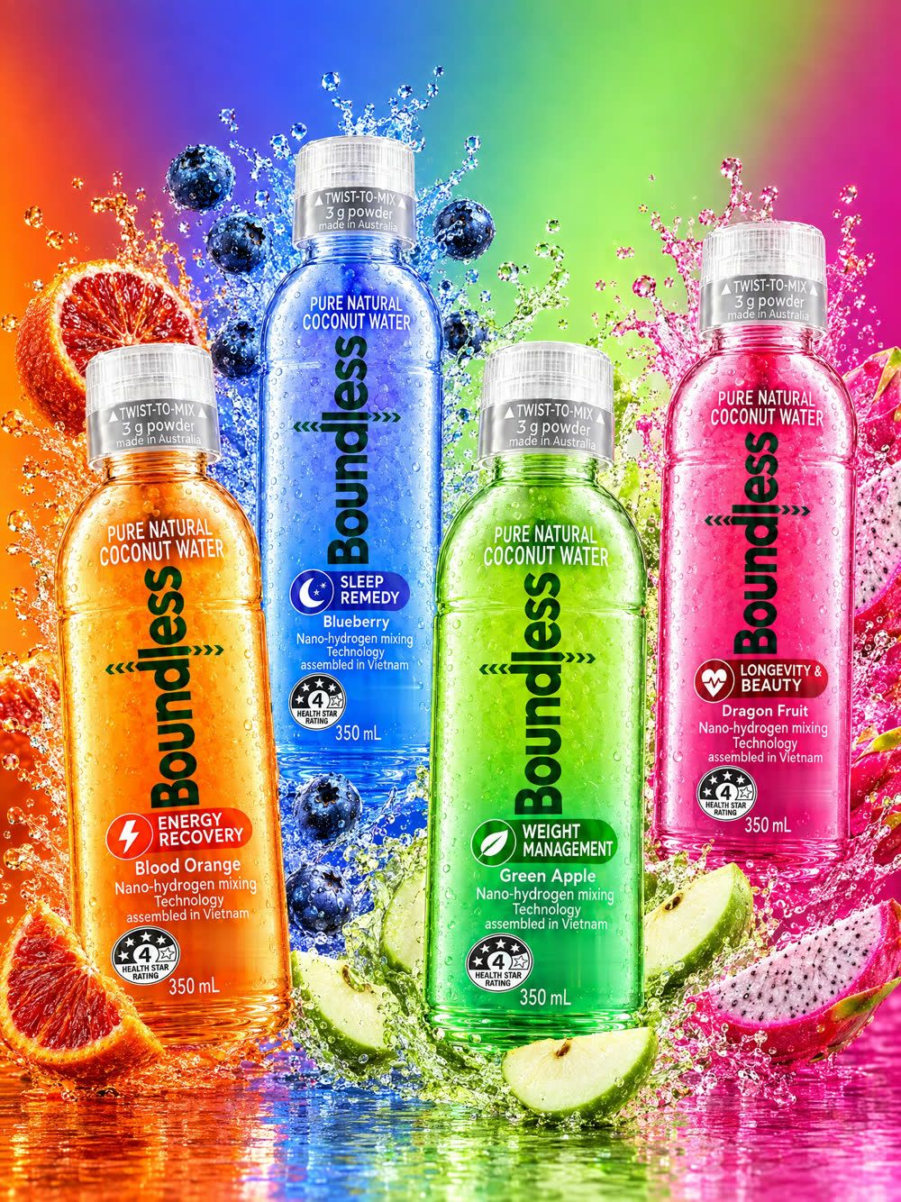 Four Boundless functional coconut water flavors with fruit splashes